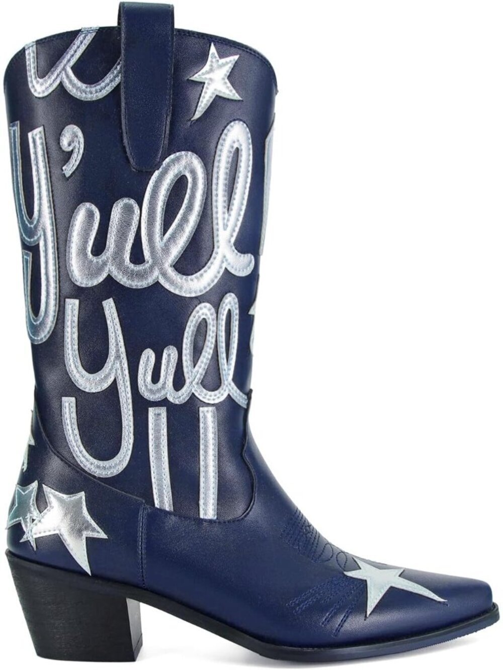 Women’s Navy Blue Mid Calf Western Pull On Cowgirl Boots with Star Embroidery - Picture 5 of 7